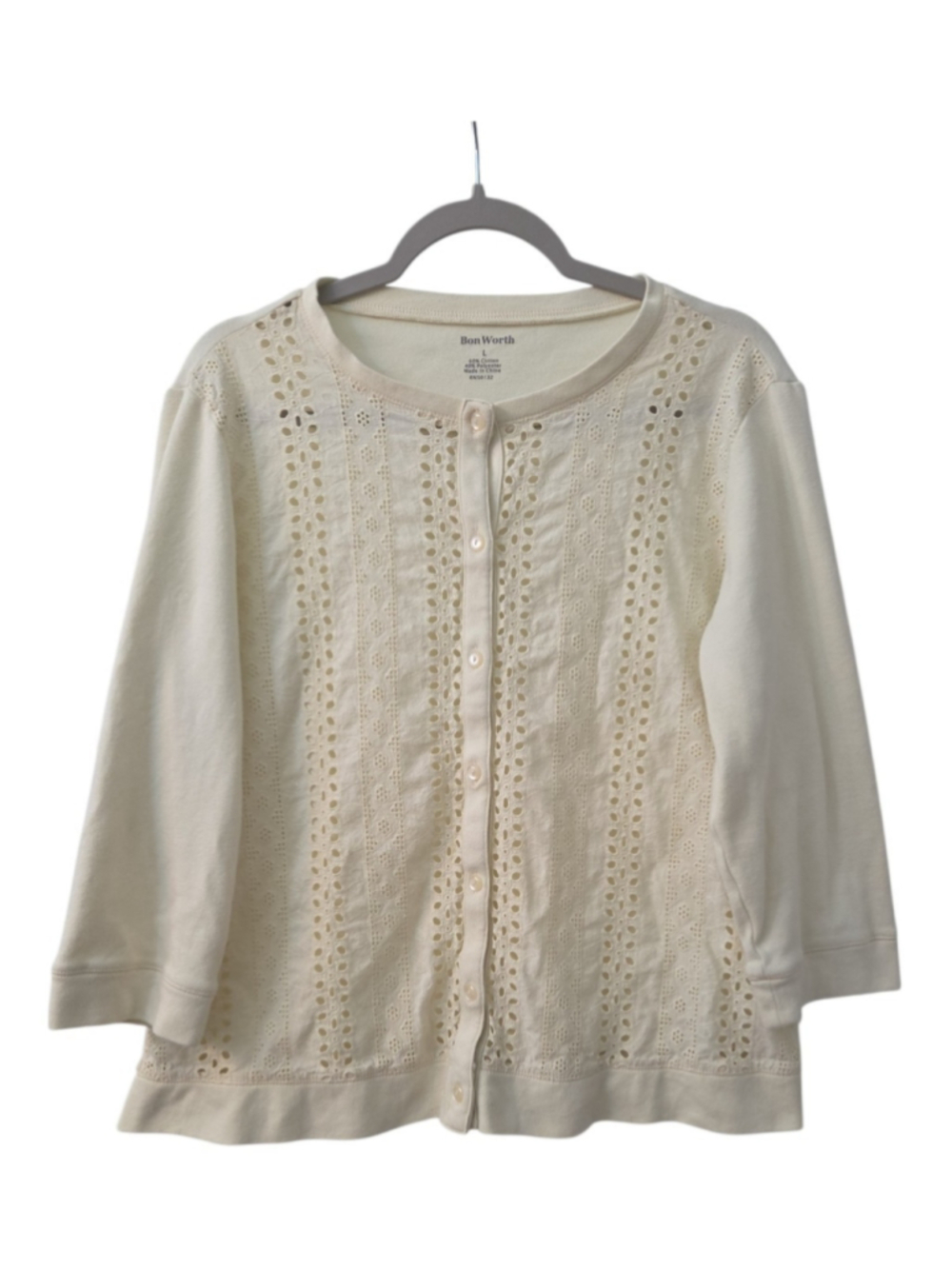 Bon Worth Vintage Butter Yellow Eyelet Button Front Cardigan L